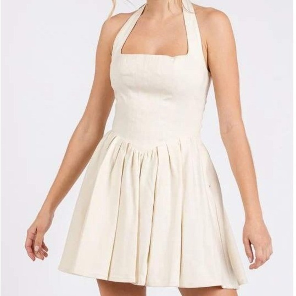 The Vintage Shop Lace Me Up Corset Back Ivory Halter Mini Dress Womens NEW